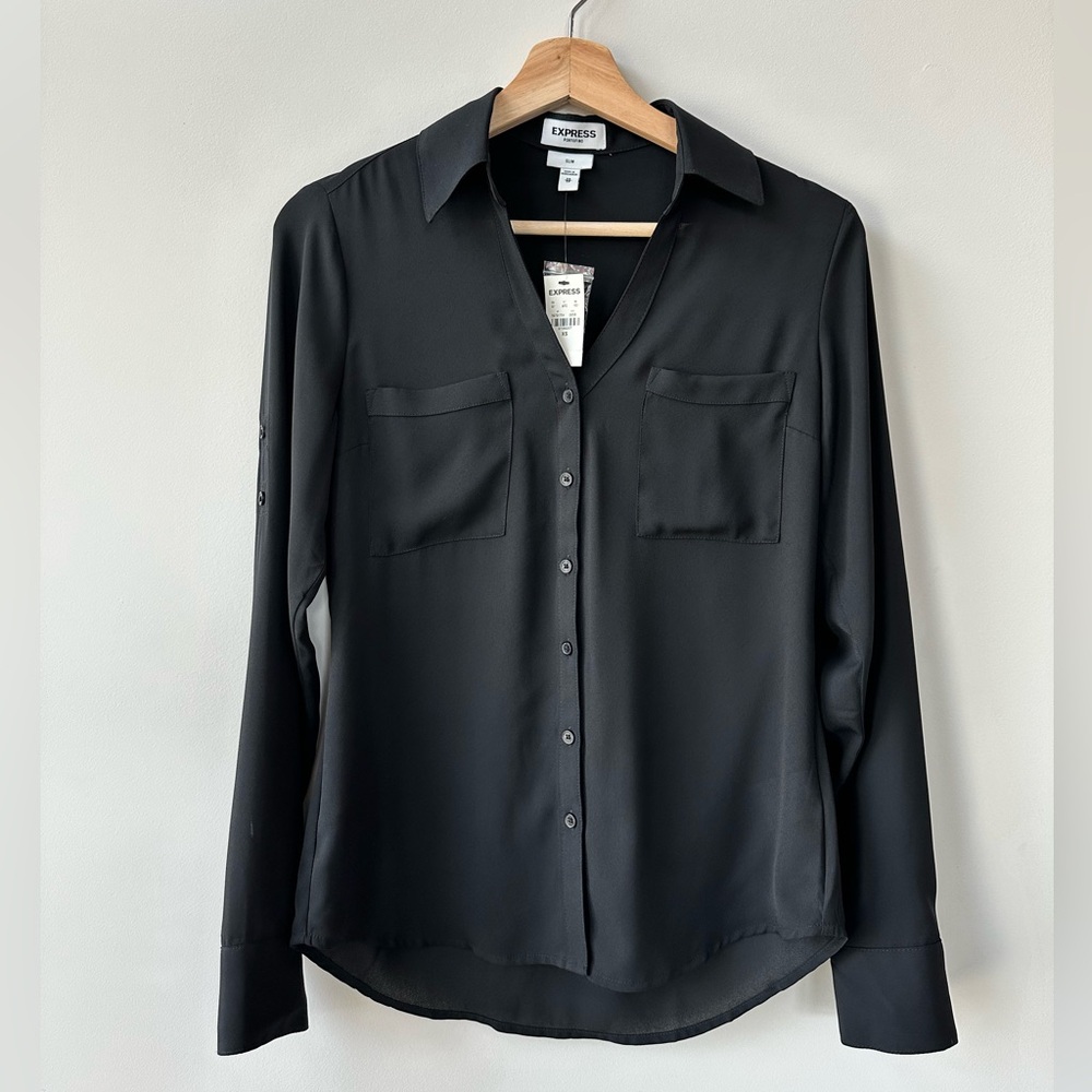 Express Slim V Neck Portofino Shirt (XS, black)